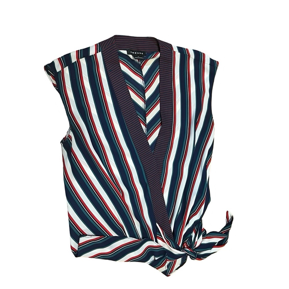 Trouvé Top V Neck Wrap Style Blouse Sleeveless Striped Tie Front Sz XS Workwear